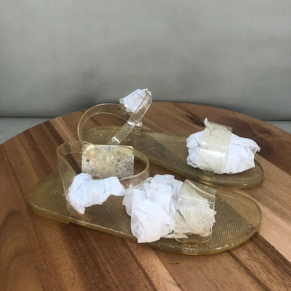 Mudd Muddygirl Glitter Jelly Sandals Gold Transparent Flat Beach Pool Girls 4
